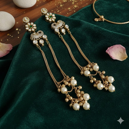 Designer Kashmiri Moissanite Chain Ghungroo Pearls Drop Earrings