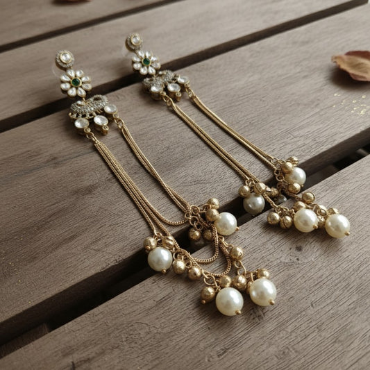 Designer Kashmiri Moissanite Chain Ghungroo Pearls Drop Earrings