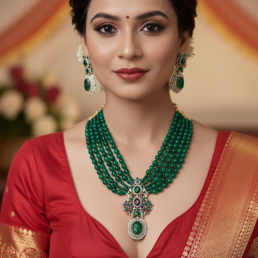 American Diamond Green Pearl Trendy Choker and Earrings Set