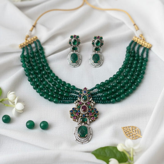 American Diamond Green Pearl Trendy Choker and Earrings Set