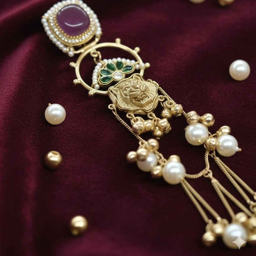 Antique Moissanite Royal Tiger Jhumka Earrings with Pearl and Ghungroo Drops