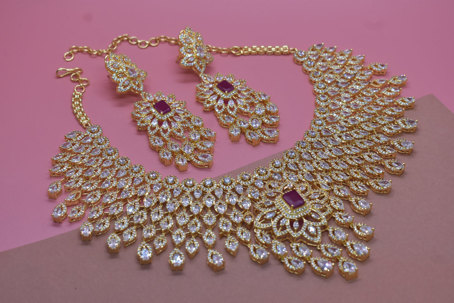 Julisha Gold Polish White stone CZ Designer Necklace Set