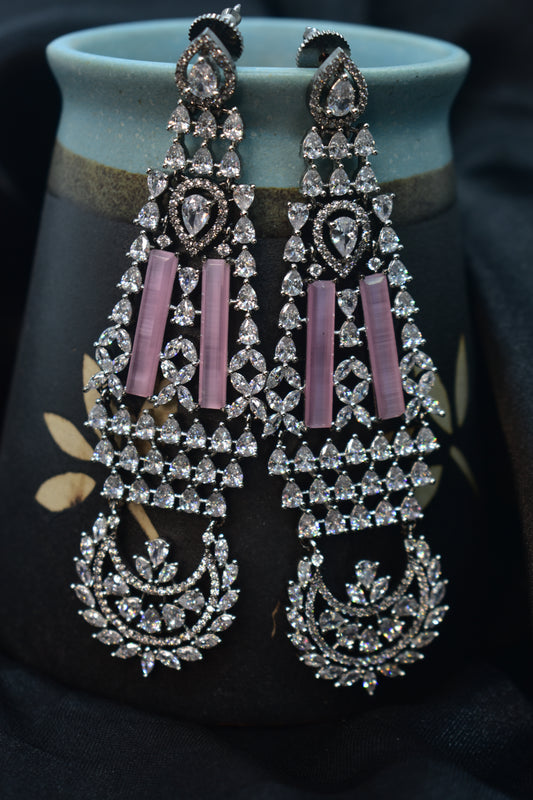 Anvitha Pink Stone Silver Polish AD Designer Earrings