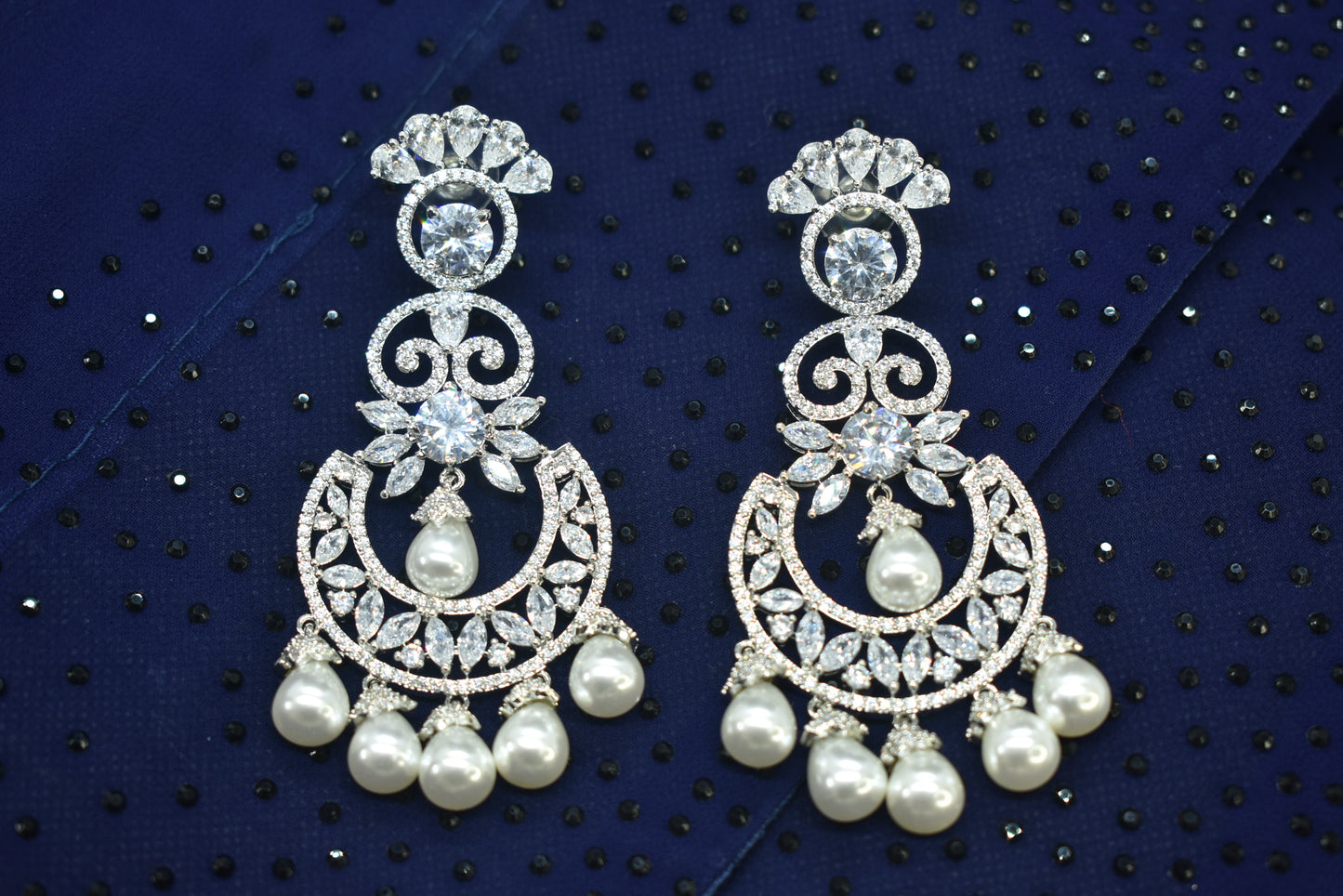 Meira Silver Polish AD Designer Chandbali Earrings