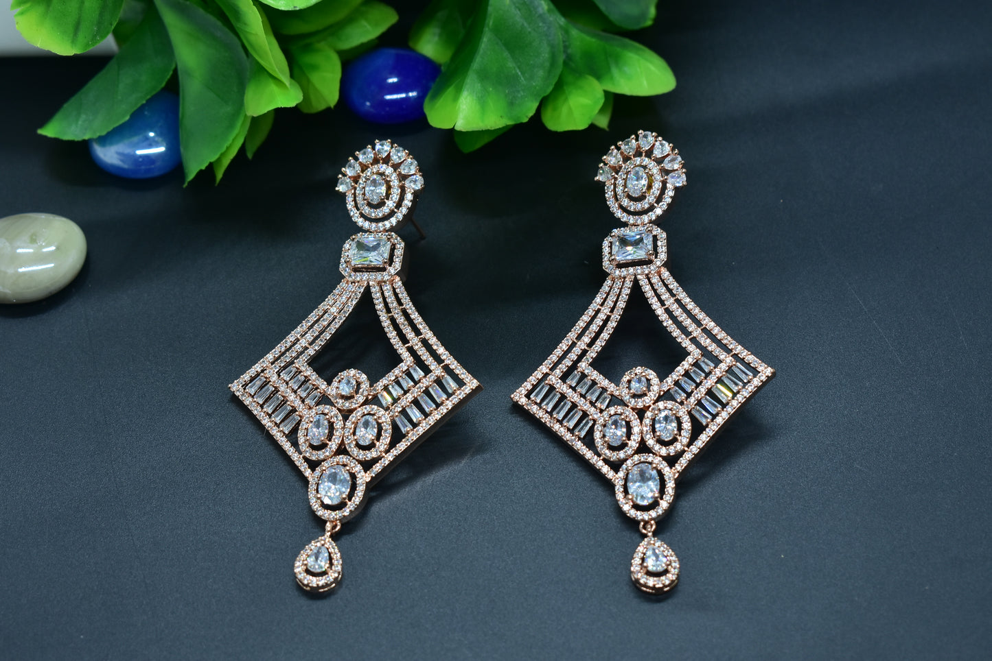Jhanvi Diamond Shaped Silver Polish AD Designer Earrings