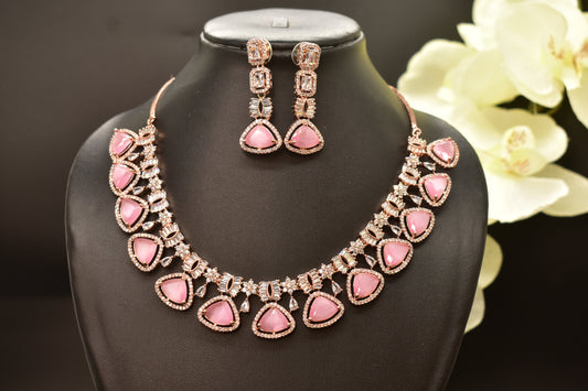 Vani Rose Gold Polish Baby Pink CZ Designer Necklace Set