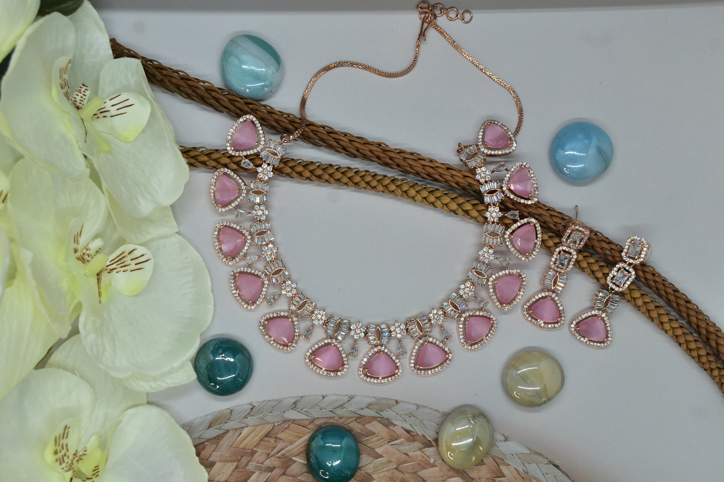 Vani Rose Gold Polish Baby Pink CZ Designer Necklace Set