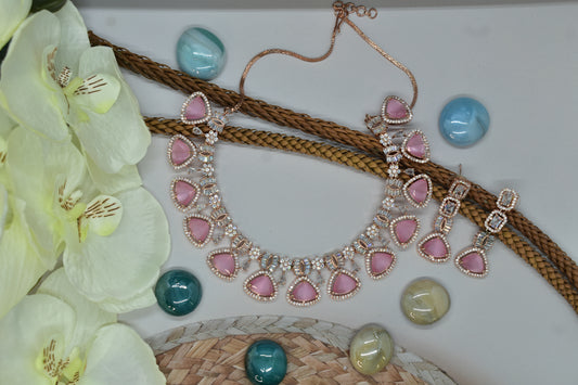 Vani Rose Gold Polish Baby Pink CZ Designer Necklace Set