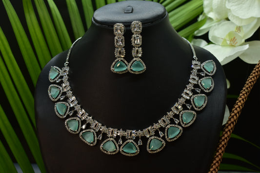 Zara Silver Polish Mint Green CZ Designer Necklace Set