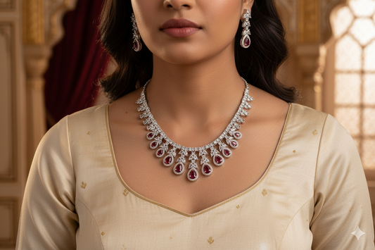 lady wearing AD red stoned necklace and earrings