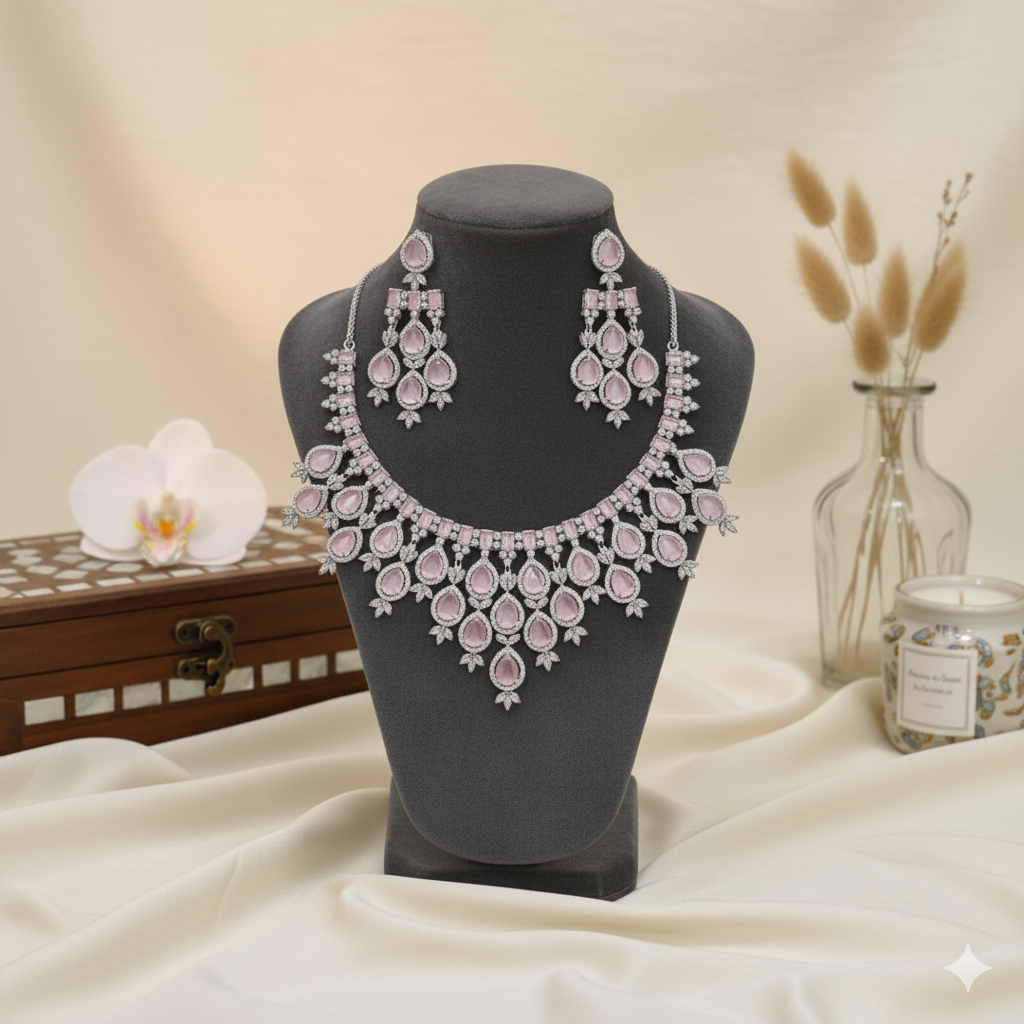 Zohra Pink Stone Silver Polish CZ Designer Necklace Set