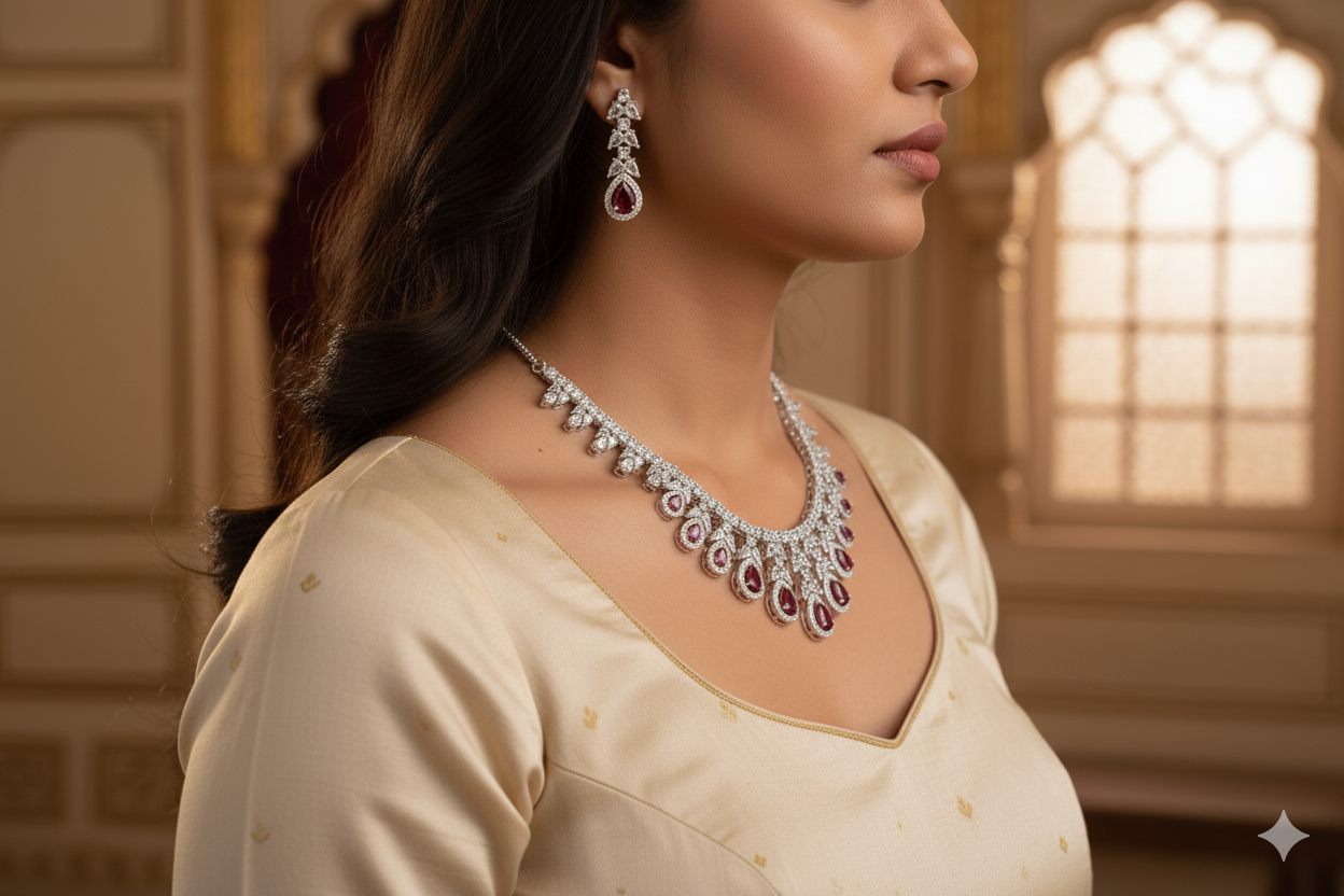 Woman wearing a diamond necklace and earrings in an elegant indoor setting