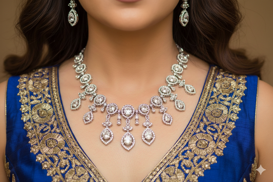 lady wearing AD silver necklace an earrings