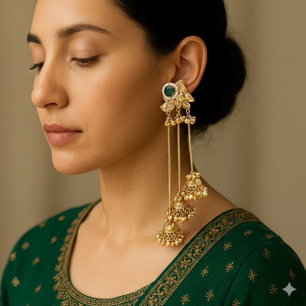 Woman wearing gold polki earrings with green gemstone, dressed in a green traditional outfit.