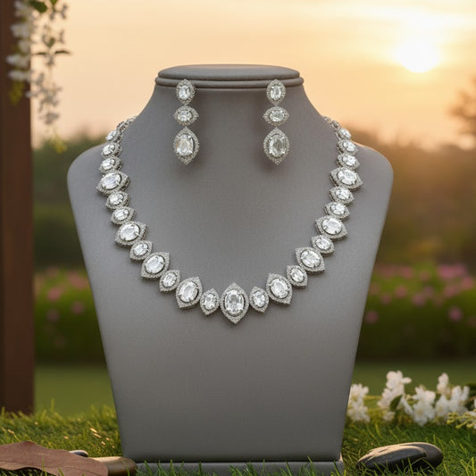 Yuvika Silver Polish CZ Designer Necklace Set