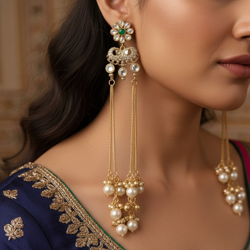 Designer Kashmiri Moissanite Chain Ghungroo Pearls Drop Earrings