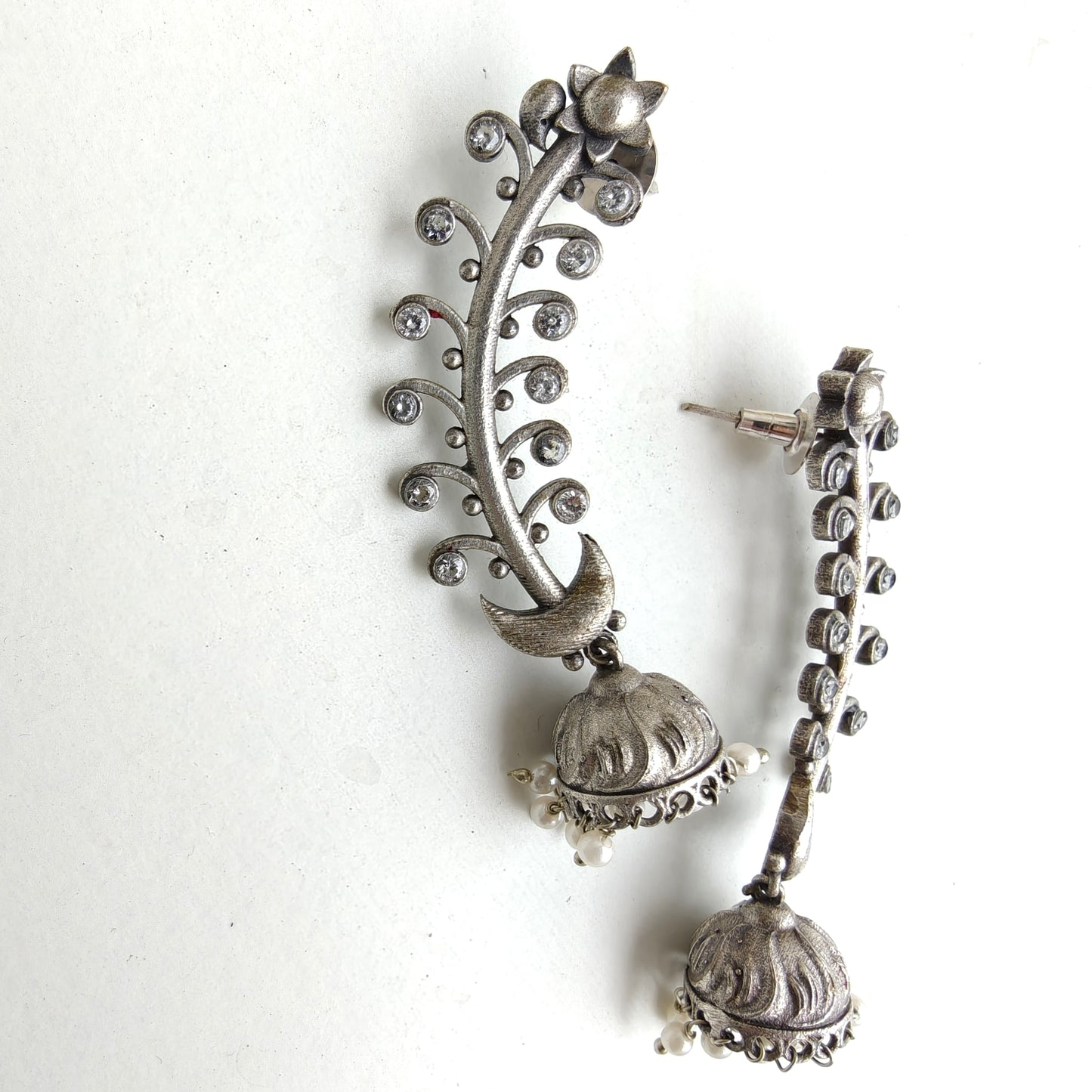 Oxidised Noorani Silver Swirls Pearl Drop Jhumki