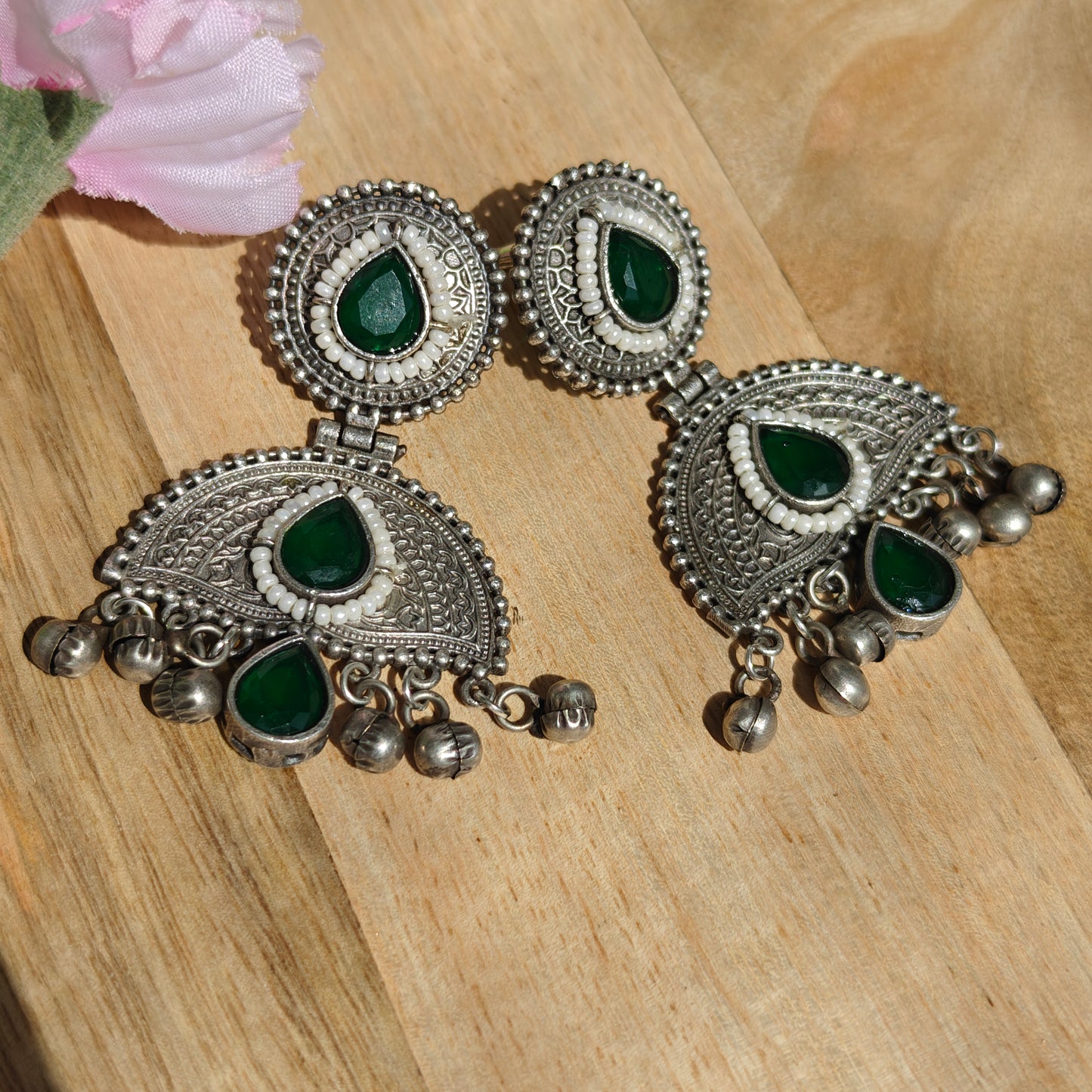 Oxidised Ruhani Silver Plated Meena Handmade Jhumka Earrings