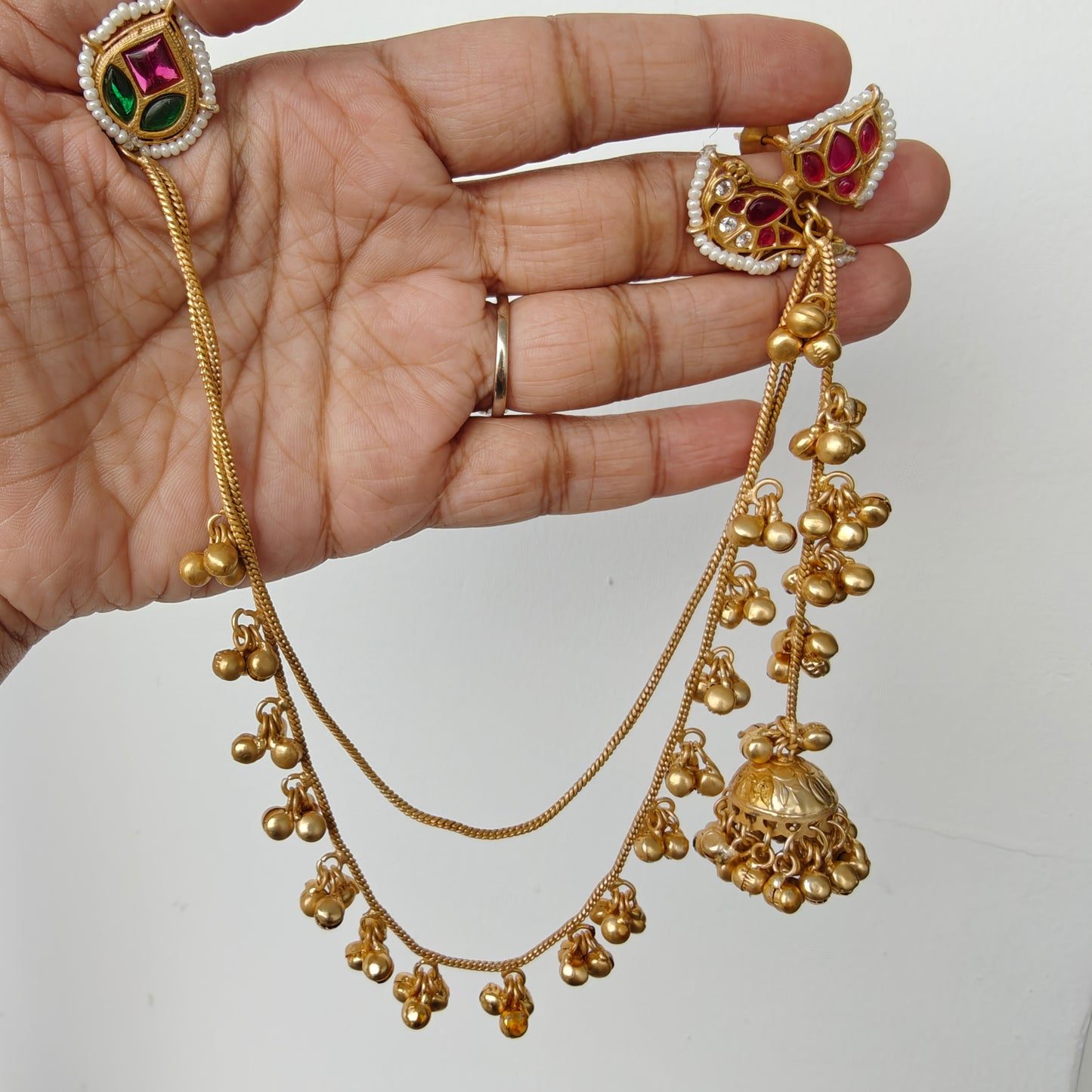 Kashmiri Style Ghungroo Golden Ear Chain Earrings