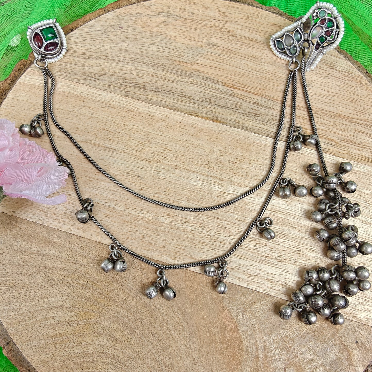 Oxidised Meena Long Hair Chain Earrings With Ghungroo