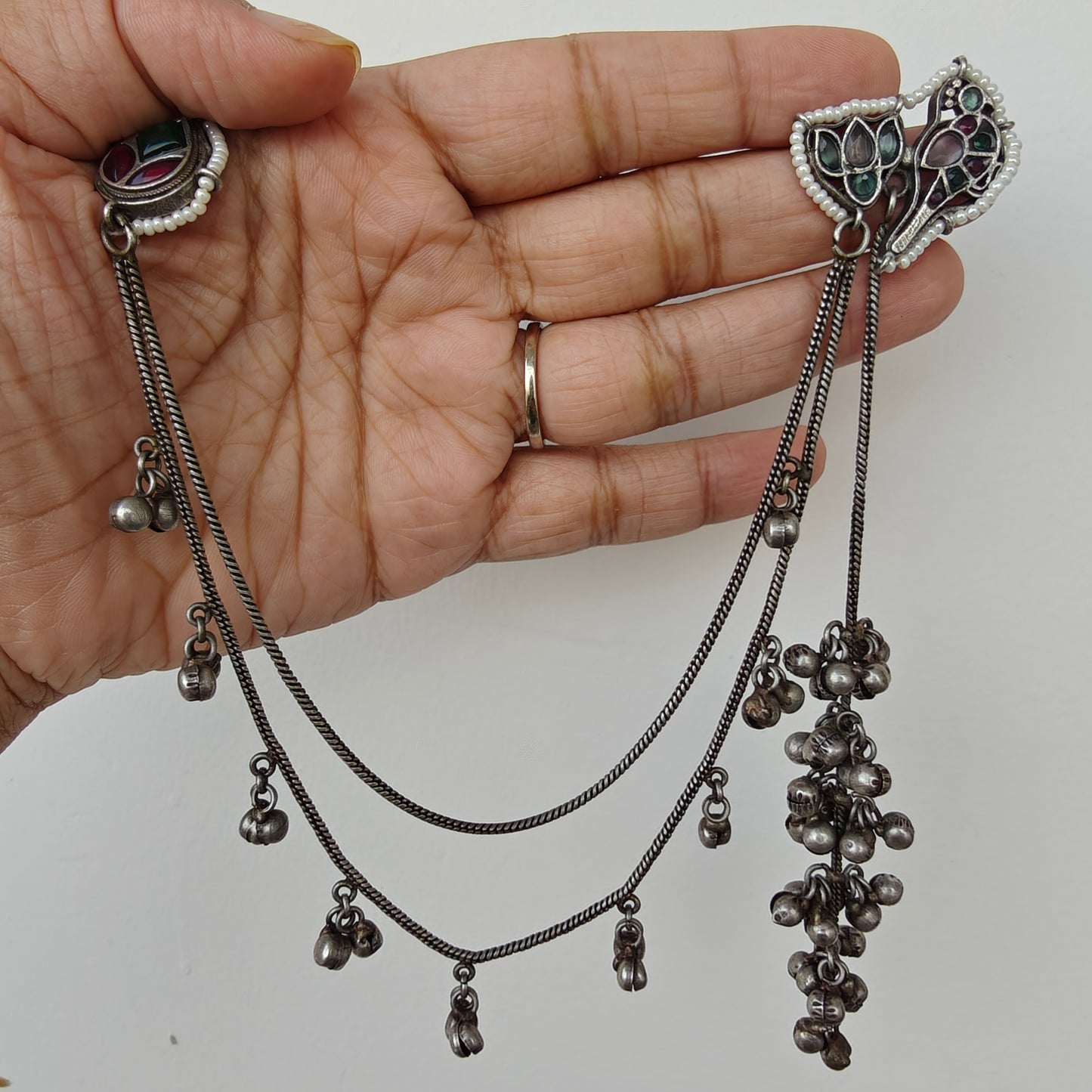 Oxidised Meena Long Hair Chain Earrings With Ghungroo