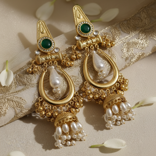 Kashmiri Moissanite Emerald White Pearl Drop Jhumka