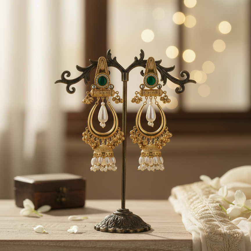 Kashmiri Moissanite Emerald White Pearl Drop Jhumka