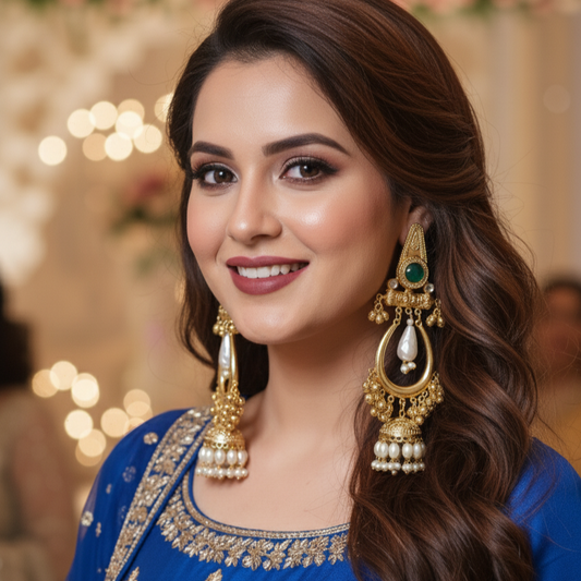 Kashmiri Moissanite Emerald White Pearl Drop Jhumka