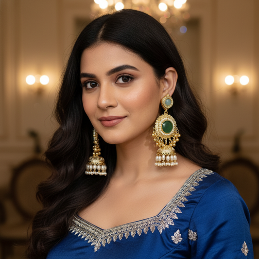 Kashmiri Moissanite Chandbaali with Pearl Drop Jhumka