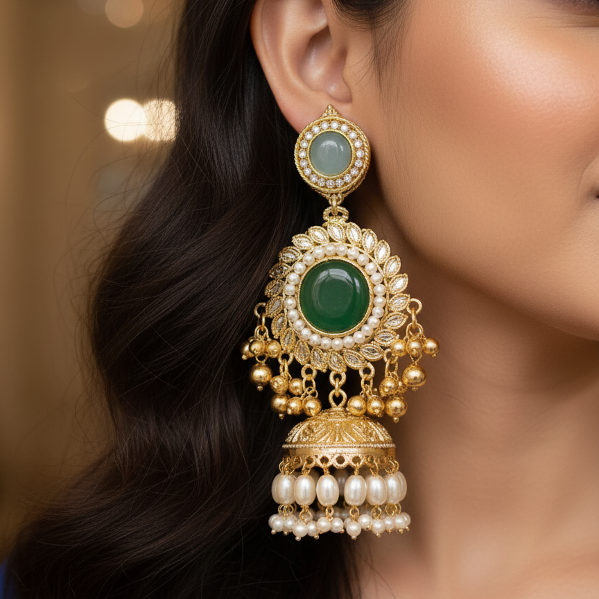 Kashmiri Moissanite Chandbaali with Pearl Drop Jhumka