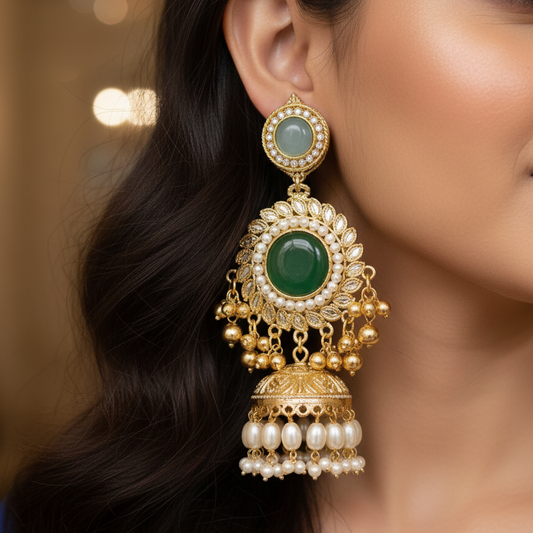Kashmiri Moissanite Chandbaali with Pearl Drop Jhumka