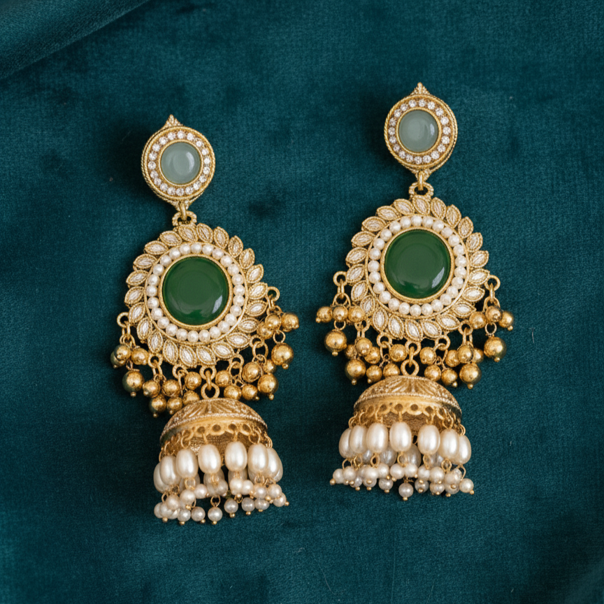Kashmiri Moissanite Chandbaali with Pearl Drop Jhumka