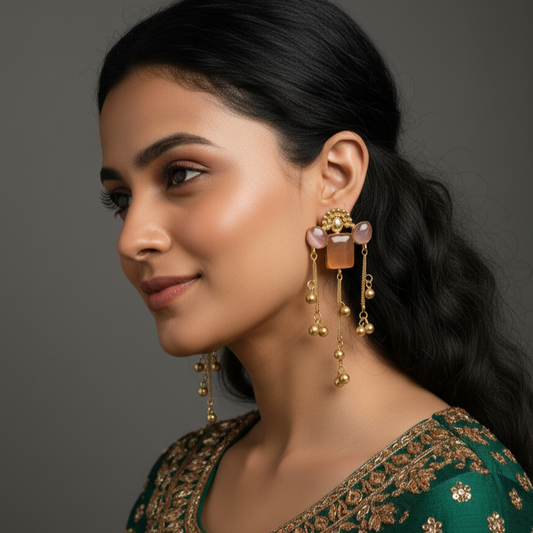 Antique Moissanite Pink and Orange embellished Ghungroo teardrop Earrings