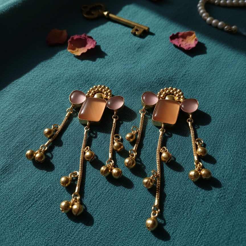 Antique Moissanite Pink and Orange embellished Ghungroo teardrop Earrings