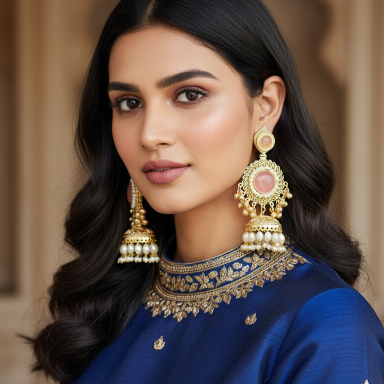 Kashmiri Moissanite Chandbaali with Pearl Drop Jhumka