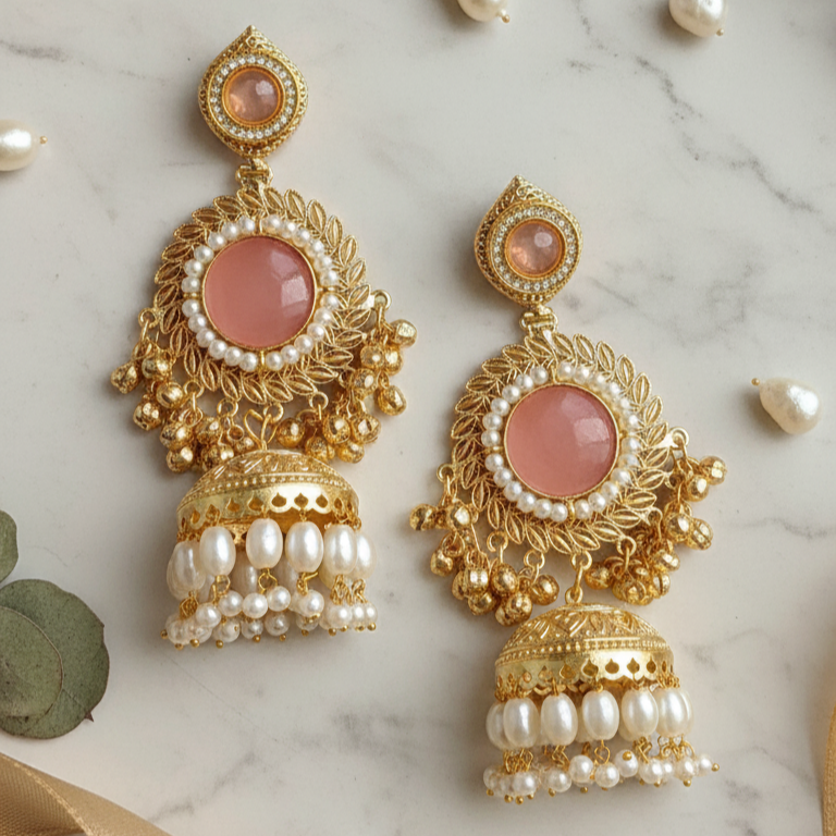 Kashmiri Moissanite Chandbaali with Pearl Drop Jhumka