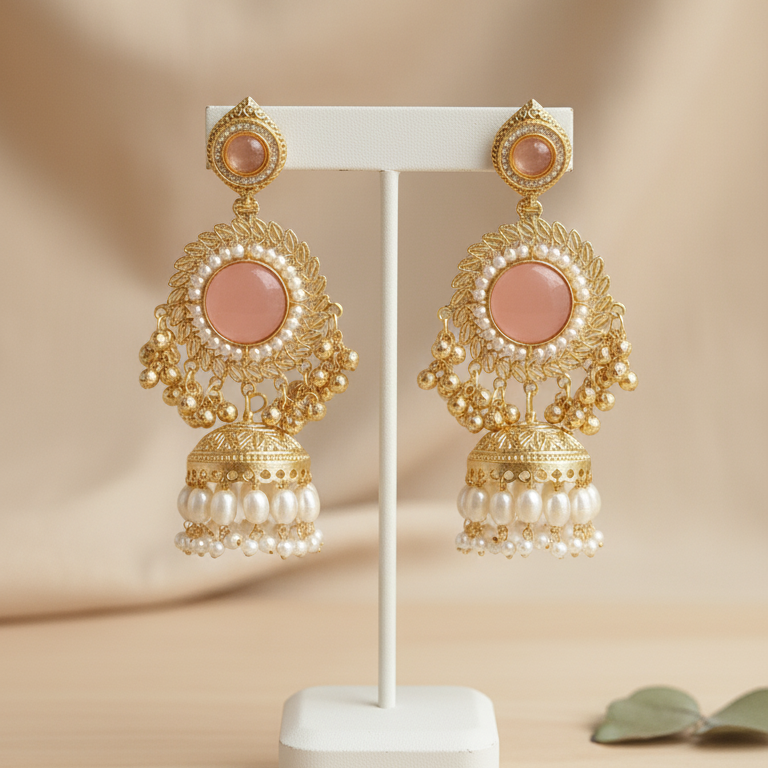 Kashmiri Moissanite Chandbaali with Pearl Drop Jhumka