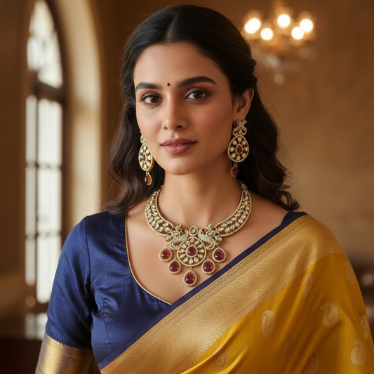 Women Rihana Gold Plated Kundan Moissanite Maroon Drops Bridal Necklace