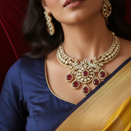 Women Rihana Gold Plated Kundan Moissanite Maroon Drops Bridal Necklace