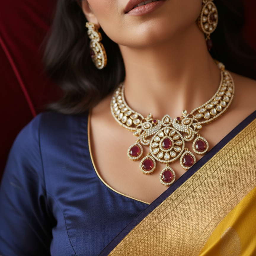 Women Rihana Gold Plated Kundan Moissanite Maroon Drops Bridal Necklace