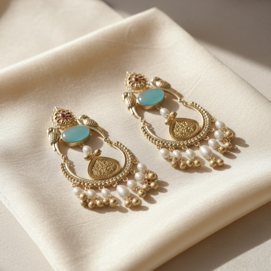 Elegant Gold Plated Moissanite Chanbaali with Pearl Drop Jhumka