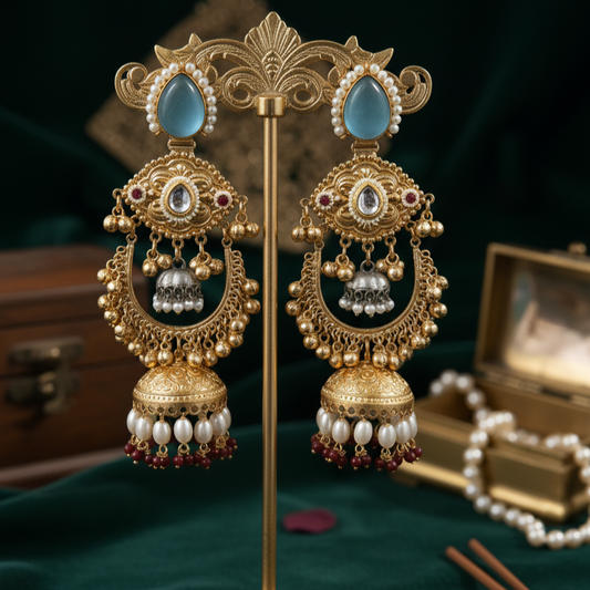 Designer Moissanite intricate with Gold Plated Ghungroo Jhumka Earrings
