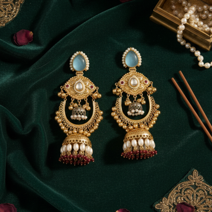 Designer Moissanite intricate with Gold Plated Ghungroo Jhumka Earrings