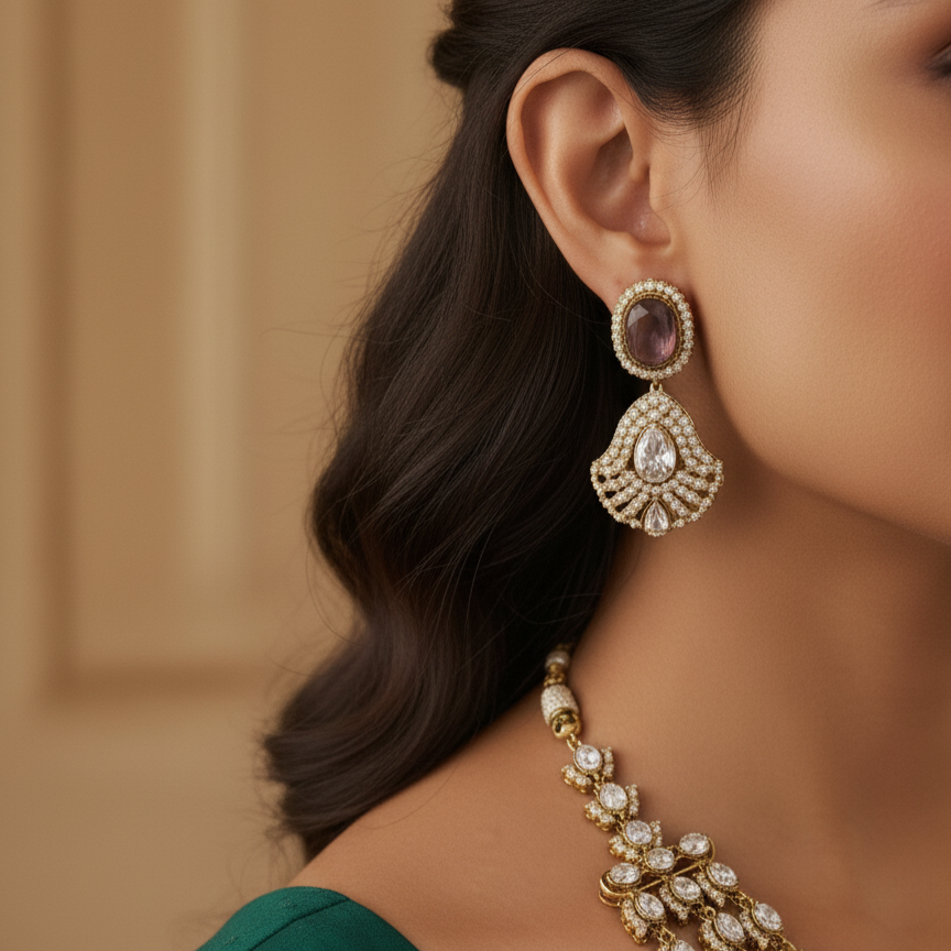 Tulip Moissanite Designer Purple Kundan Layered Necklace and Earrings