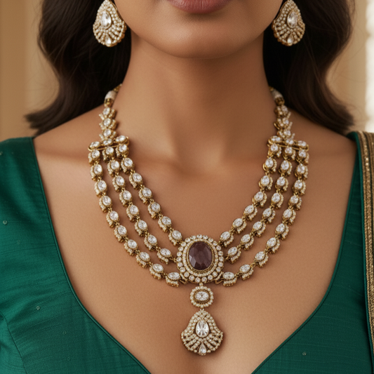 Tulip Moissanite Designer Purple Kundan Layered Necklace and Earrings