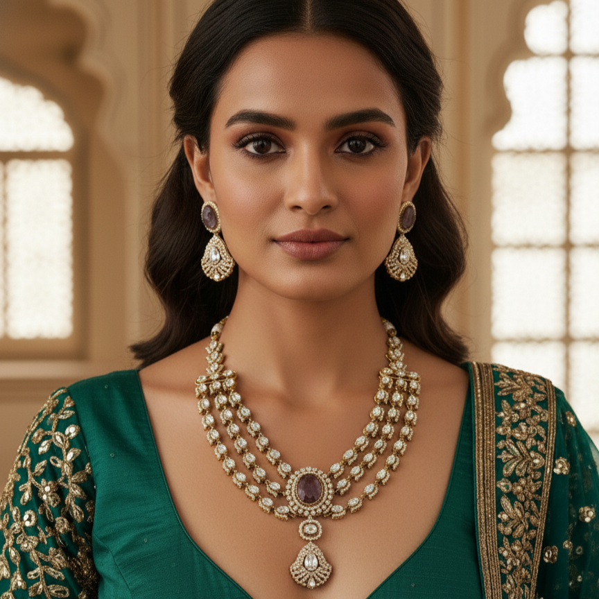 Tulip Moissanite Designer Purple Kundan Layered Necklace and Earrings