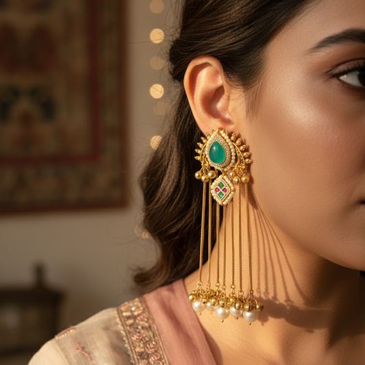 Traditional Moissanite Emerald Gold Plated Teardrop Earrings with Pearl Drop