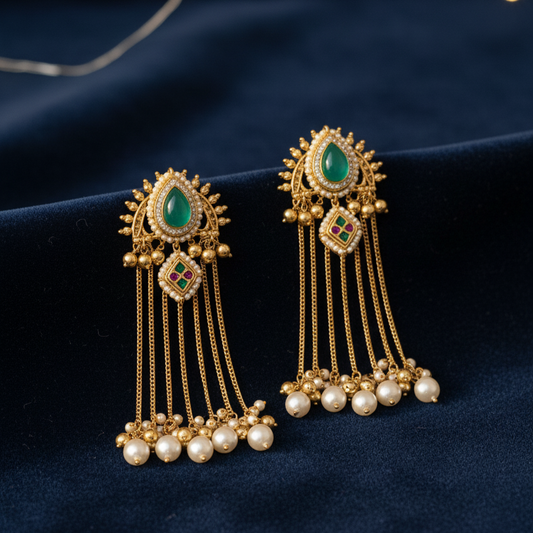Traditional Moissanite Emerald Gold Plated Teardrop Earrings with Pearl Drop