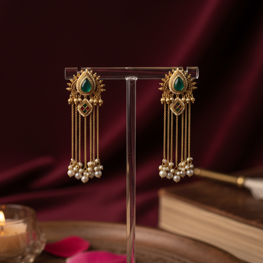 Traditional Moissanite Emerald Gold Plated Teardrop Earrings with Pearl Drop