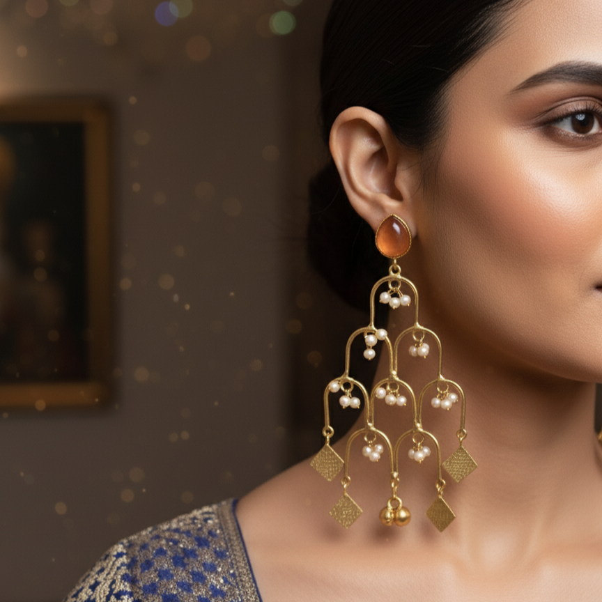 Classy Moissanite Orange stoned embellished with Pearl teardrop Earrings